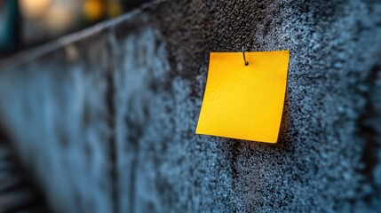 Yellow sticky note attached to a textured concrete wall conveying a message of being sold out in an urban environment.