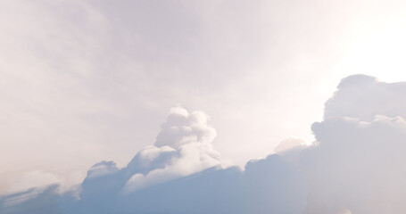 Sunset sky with cumulonimbus clouds. White dusk and god rays. 3D rendering.
