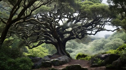 Secluded Lawsonia inermis Tree with Intricate Branches Surrounded by Lush Greenery in Misty Landscape