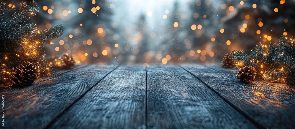 Poster cozy christmas scene with wooden table and twinkling lights in a serene forest setting creating a wa