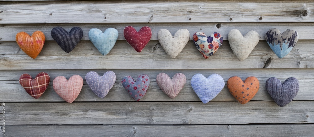 Poster decorative textile hearts arranged on a rustic wooden wall creating a charming background for variou