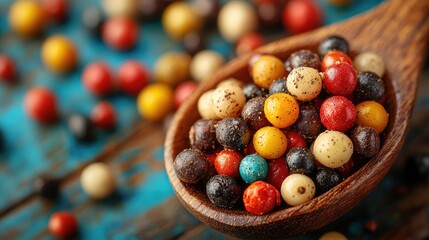 Colorful assorted peppercorns in wooden spoon on rustic table vibrant spices culinary background for food concept and recipe ideas