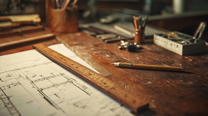 A close-up of a wooden ruler on a tidy drafting table surrounded by architectural blueprints, a pencil, and a compass, highlighting precision in a creative workspace.