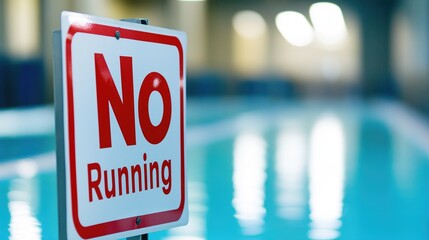 Close-up of a swimming pool warning sign with a red and white "No Running" symbol. Water parks, safety education, schools, water safety, drowning prevention, swimming rules, child safety