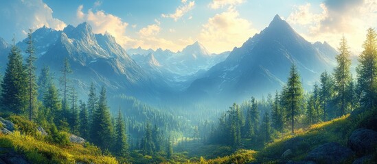 Fototapeta premium Majestic mountain forest landscape showcasing vibrant greenery and serene natural beauty under a bright sky.