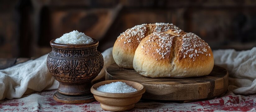 Traditional bread and salt arrangement on a rushnik table with rustic background and decorative bowls for cultural celebration or hospitality