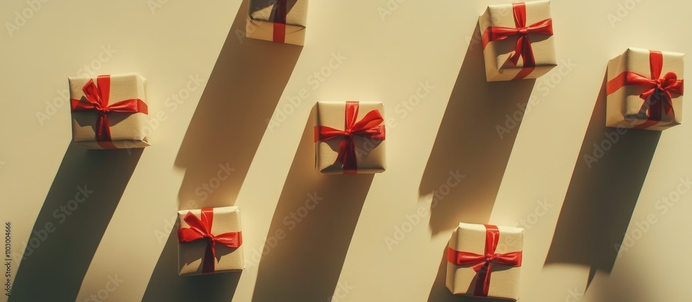 Poster elegant gift boxes with red ribbons cast shadows on a soft beige background creating a festive and w