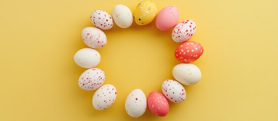 Colorful painted eggs arranged in a circular pattern on a bright yellow background with plenty of copy space for seasonal designs or messages