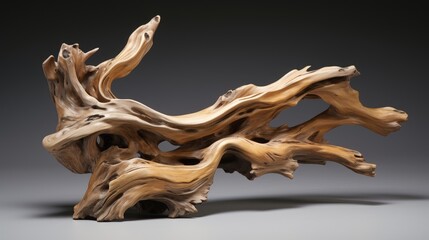 Obraz premium Unique polished driftwood sculpture with intricate twists and natural texture isolated on dark background for artistic display.
