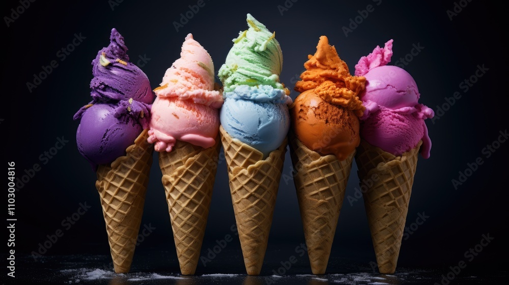 Poster colorful ice cream cones with various flavors against a dark background creating an inviting and app