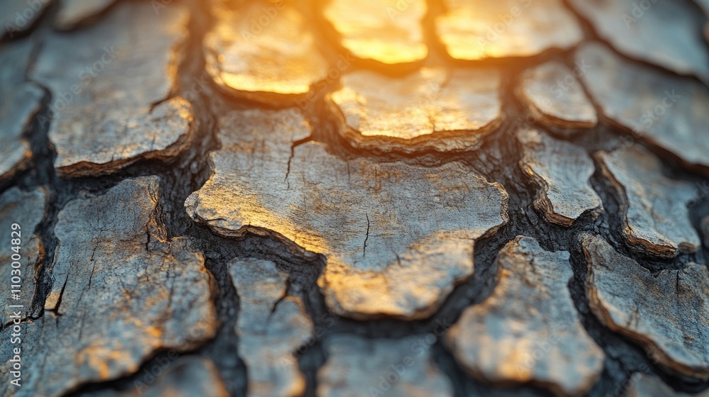 Poster close-up of textured tree bark illuminated by warm sunlight highlighting its natural patterns and un