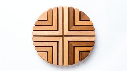 Round wooden trivet with intricate design displayed on a clean white background showcasing craftsmanship and natural materials