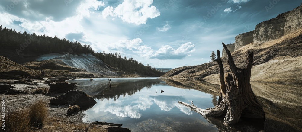 Poster serene landscape reflection in still water with dramatic clouds and distant trees creating a tranqui