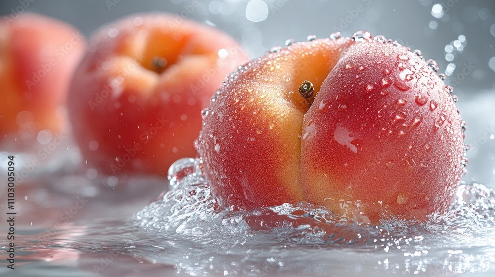Aufkleber fresh peaches splashing in water creating droplets with a soft focus on a bright white background em
