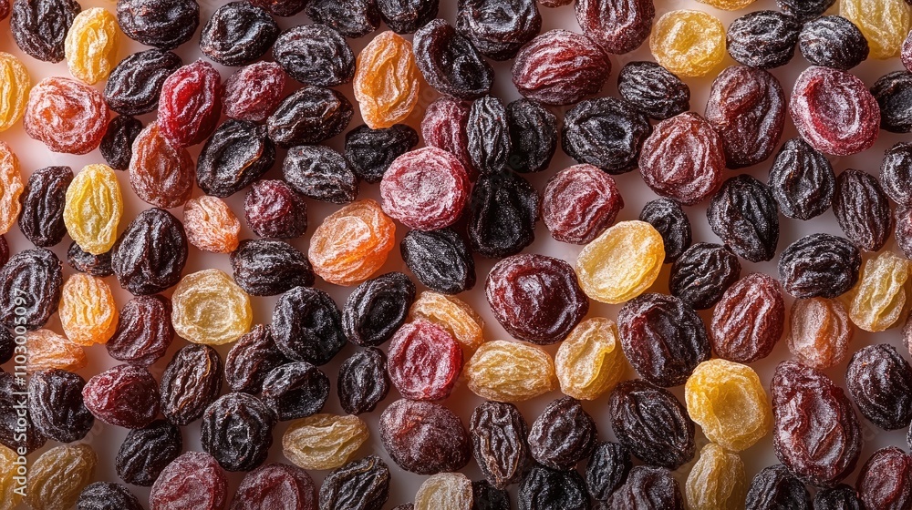 Poster assorted raisins varieties displayed in abundance on a clean white background perfect for health and