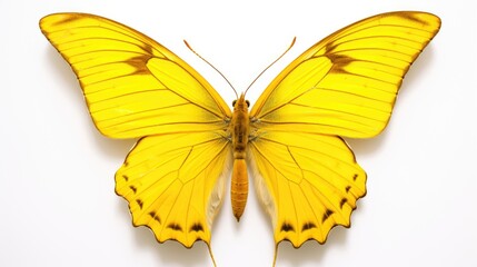 Fototapeta premium Bright yellow butterfly perched on a white background showcasing vibrant wings and intricate patterns for nature and beauty themes.