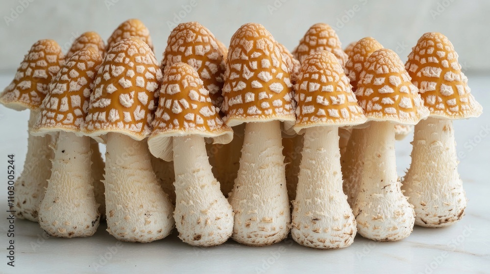 Poster snow false morel mushrooms arranged in a row showcasing their unique textures on a neutral backgroun