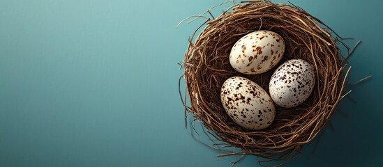 Obraz premium Colorful quail eggs in a bird's nest on a blue background with ample copy space for spring-themed designs or Easter promotions.
