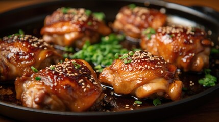 Savory spiced roasted chicken thighs glazed with soy sauce and garnished with sesame seeds and fresh herbs.