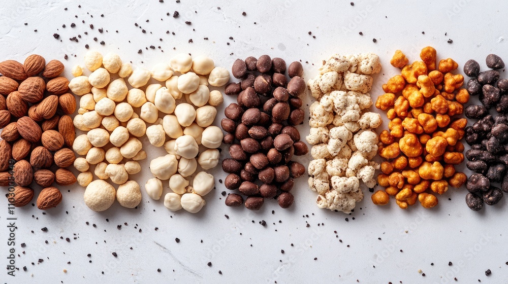 Poster diverse assortment of nuts and snacks neatly arranged on a white surface showcasing variety and text