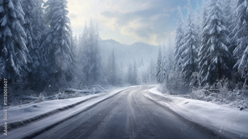 Poster winter road through a snowy forest surrounded by tall pine trees creating a serene and enchanting at