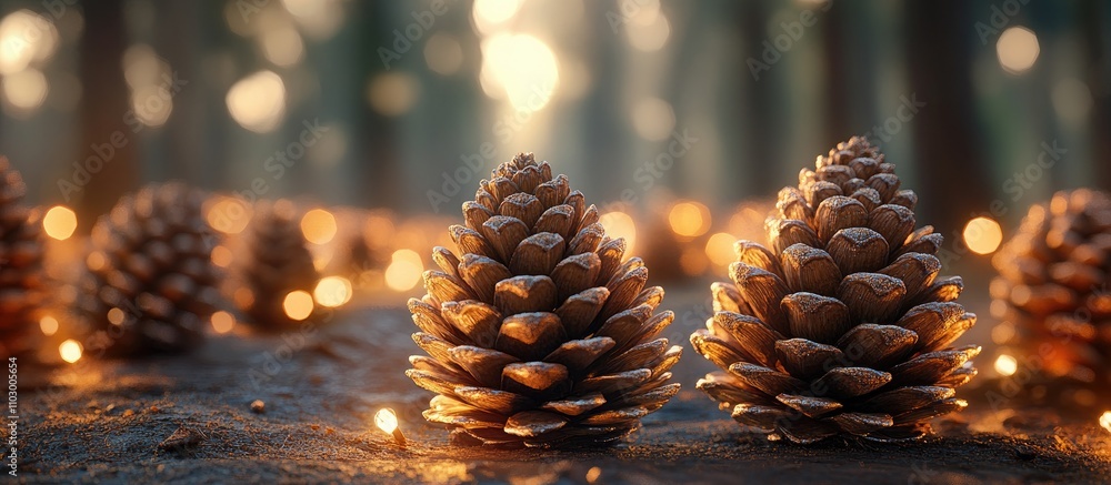 Poster pine cones scattered on forest floor with blurred background and soft golden light creating a serene