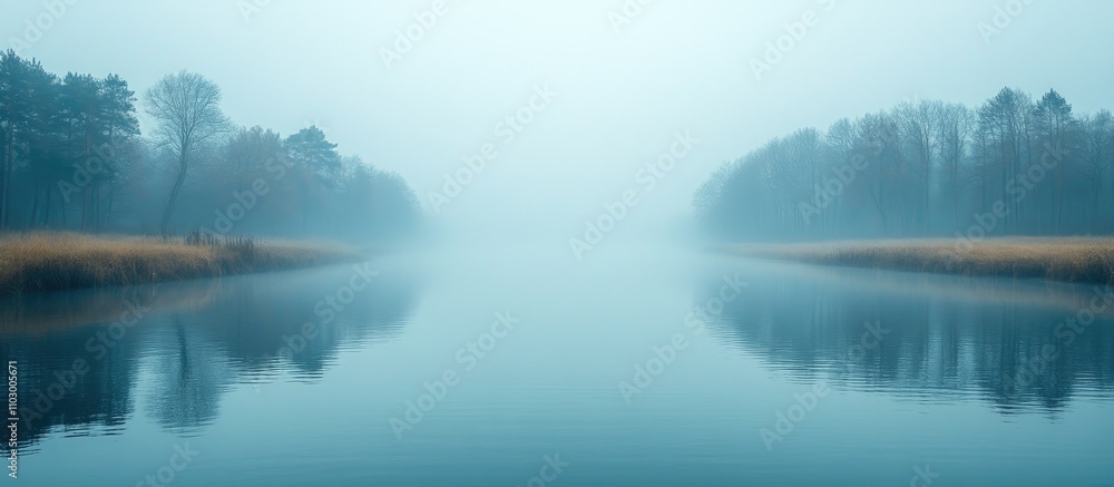Aufkleber misty river landscape with rolling fog and gentle reflections creating a tranquil and serene atmosph