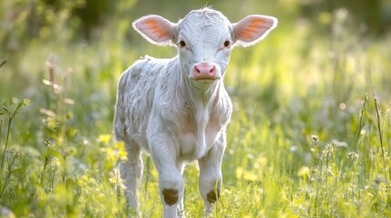 Naklejka premium Curious gray calf with a pink nose exploring its surroundings, captured in a lively composition with ample copy space for creative use in various projects.