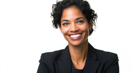 Confident Businesswoman with Curly Hair Smiling in Professional Attire