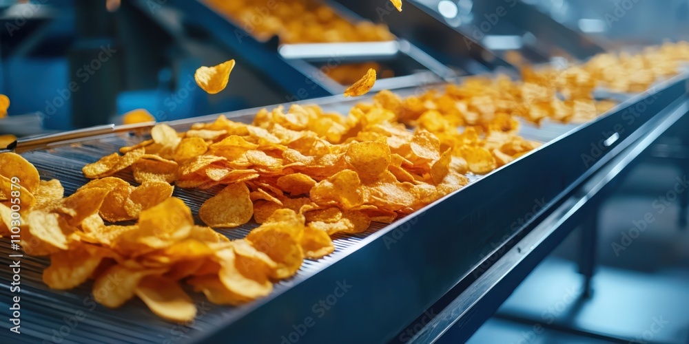 Poster aerial view of efficient banana chips production conveyor system enhancing output in food processing