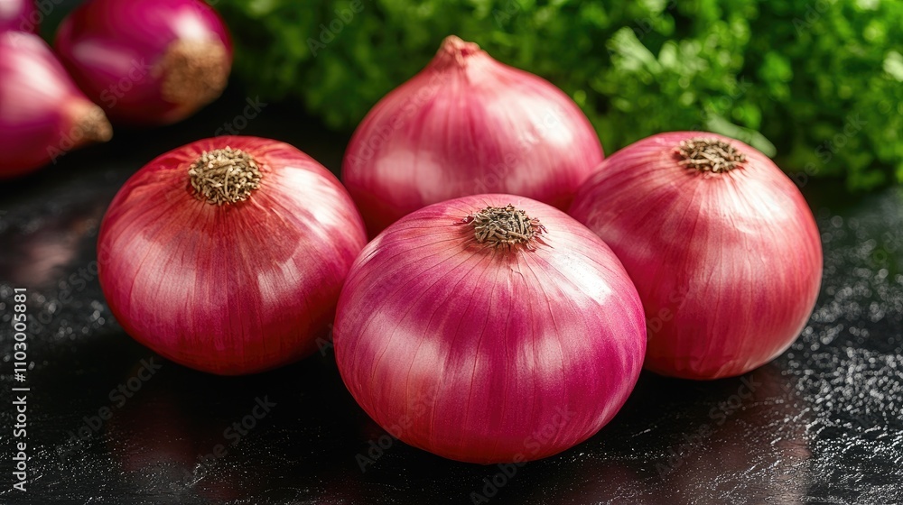 Poster fresh raw red onions displayed on a glossy black surface with green herbs in the background adding c