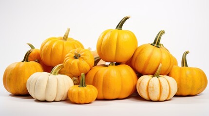 Fototapeta premium Ripe orange and white pumpkins piled together on a clean white background showcasing autumn harvest and seasonal decor.