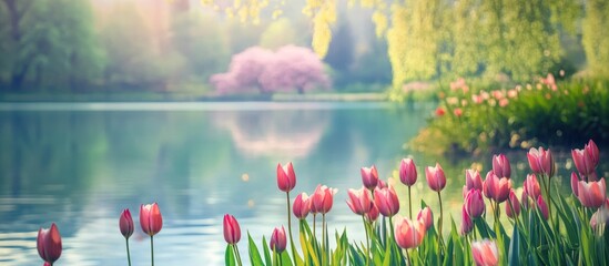 Serene spring landscape with blooming tulips by a tranquil lake surrounded by lush greenery and vibrant cherry blossoms.