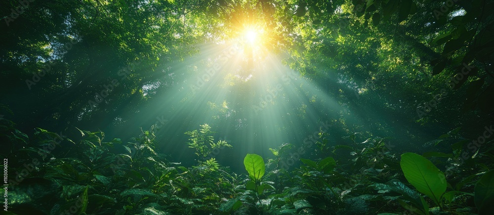Poster sunlight filtering through dense forest canopy illuminating lush greenery and creating a serene natu