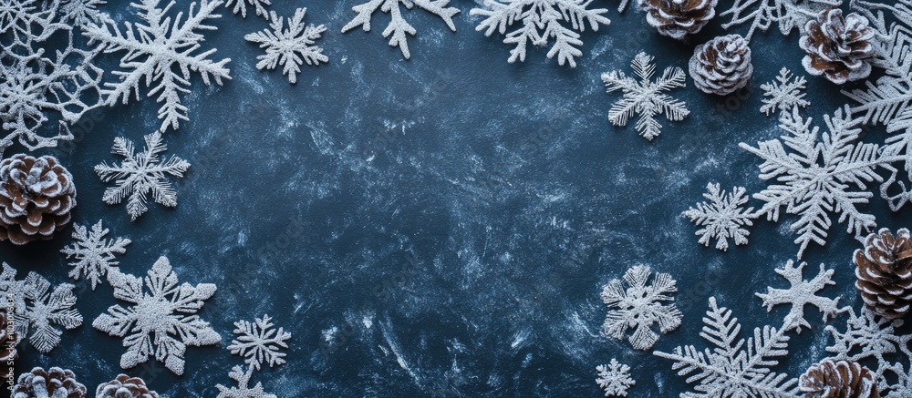 Poster snowflake and pine cone winter arrangement on dark background with empty space for text festive holi