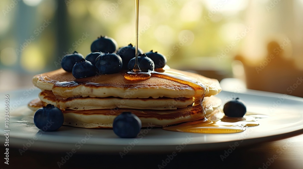 Poster beautifully plated pancakes adorned with fresh blueberries and a drizzle of honey create an inviting
