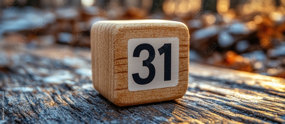 Poster wooden block calendar displaying the date 31 on a rustic background with autumn leaves and soft natu
