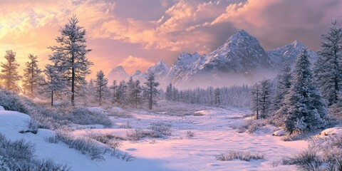 Snow covered mountain scenery with pine trees creates a stunning natural winter landscape. A scenic, windy hill view reveals the beauty of winter wilderness at sunset.