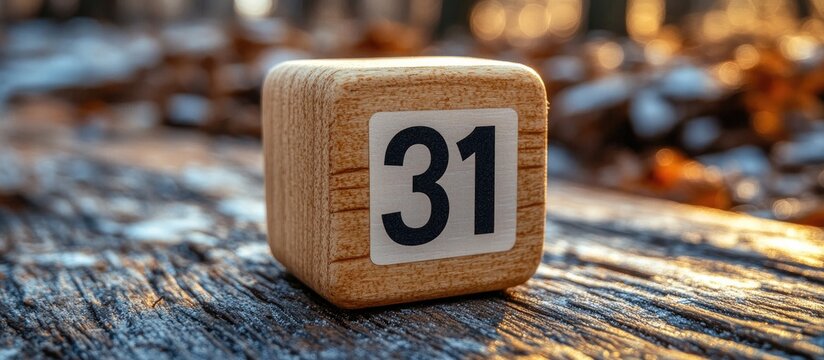 Wooden block calendar displaying the date 31 on a rustic background with autumn leaves and soft natural lighting ambiance