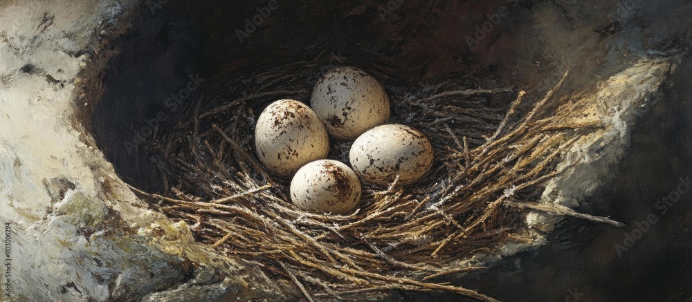 Poster nest with speckled bird eggs resting in a natural twig and grass structure surrounded by earth tones