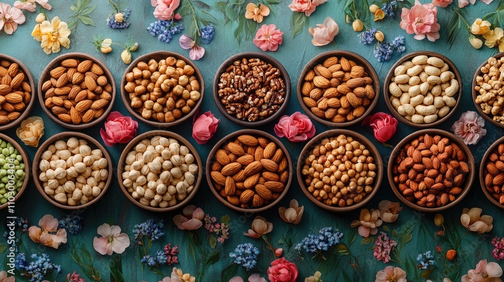 Poster bowl selection of assorted nuts arranged on a vibrant floral table background for culinary and healt