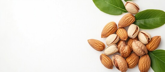 Assorted nuts with green leaves on white background showcasing natural elements and space for text placement in a healthy food concept.