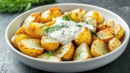 Fototapeta premium Crispy baked potatoes served with a creamy white garlic sauce and fresh dill in a white bowl, set against a dark grey background, perfect for food photography.