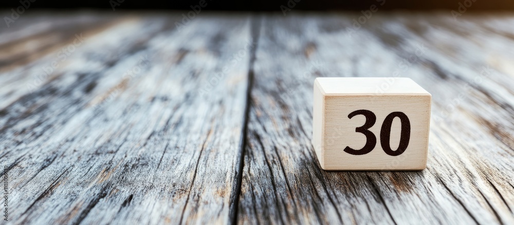 Poster wooden surface with a white block calendar displaying the number 30 in a minimalist setting for mont