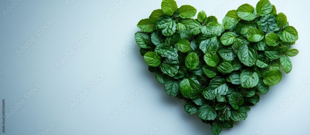 Poster spring greenery heart shape arrangement on white background with ample copy space for nature and lov
