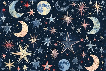 Handdrawn celestial pattern featuring crescent moons, various stars, and full moons on a dark blue background. Stylized, whimsical artwork.