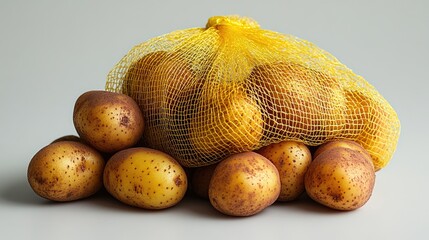 Potatoes in a yellow mesh bag with scattered loose potatoes on a white background showcasing fresh produce and packaging concept