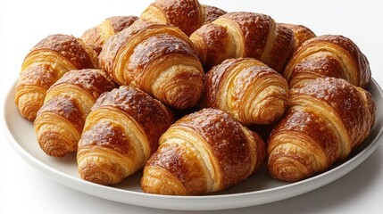 Freshly baked golden croissants arranged on a plate against a clean white background ideal for bakery or food promotion concepts.