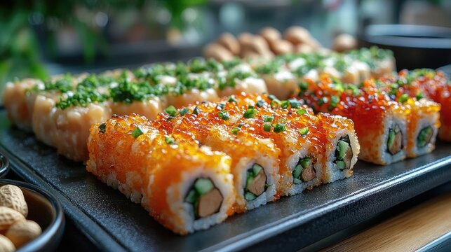 Colorful sushi platter with assorted rolls topped with fresh ingredients perfect for finger food dining experiences