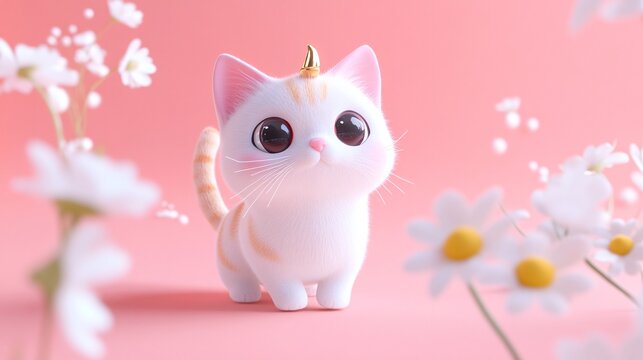 39.A 3D-rendered Scottish Fold cat with soft white fur, pink ears, and golden stripes, standing up on its hind legs with a cute, curious expression. The cat has a tiny golden horn on its head, giving